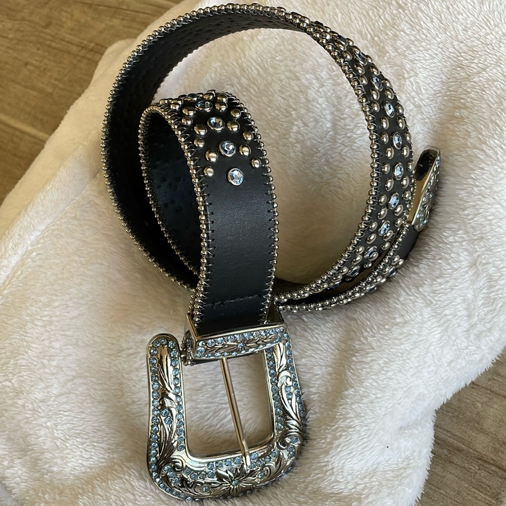 Christine Alexander leather and silver western style belt light blue stones
